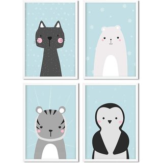 Golden Posters Poster Kinderzimmer 4er Set für Mädchen und Junge – Katze, Bär, Tiger, Pinguin – Blau (DIN A4)