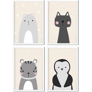 Golden Posters Poster Kinderzimmer 4er Set für Mädchen und Junge – Katze, Bär, Tiger, Pinguin – Sand (DIN A4)